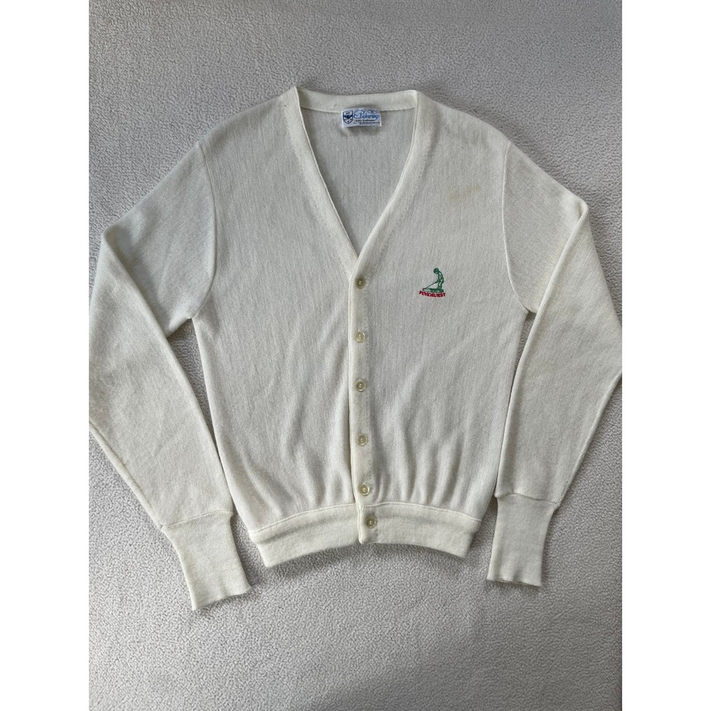 Pickering Mens Small Cardigan Cream Pinehurst Golf Embroidered Vintage USA